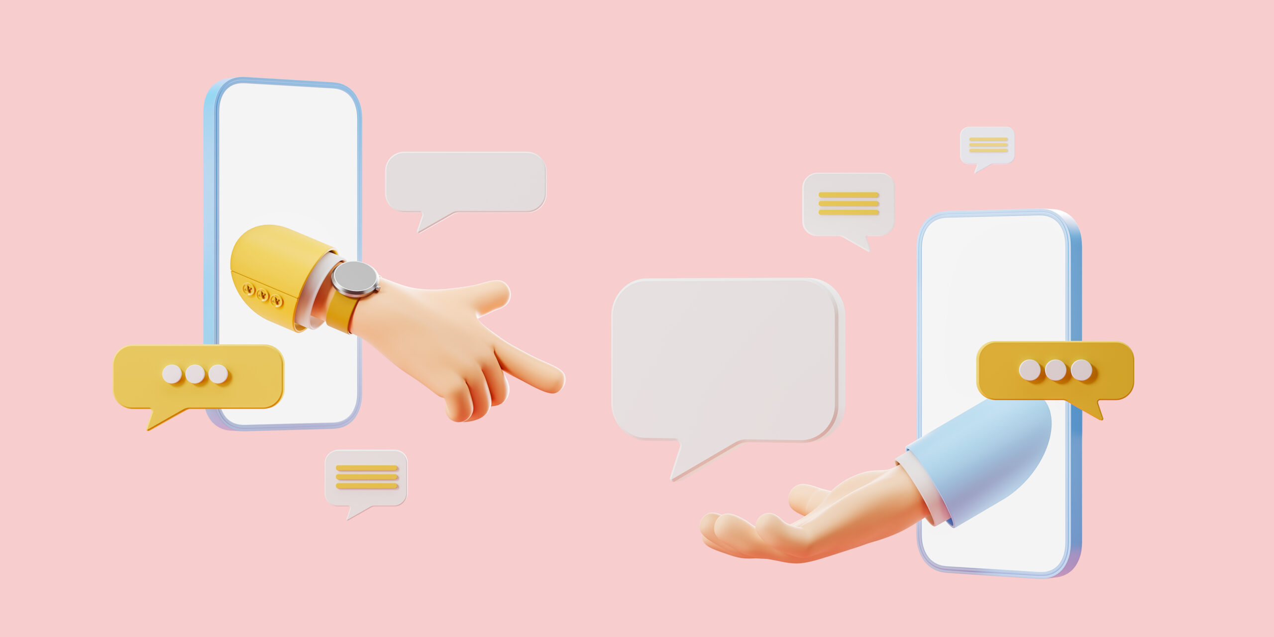 Cartoon finger point at mockup text bubble, smartphone empty display. Diverse messages and online texting. Concept of social media. 3D rendering